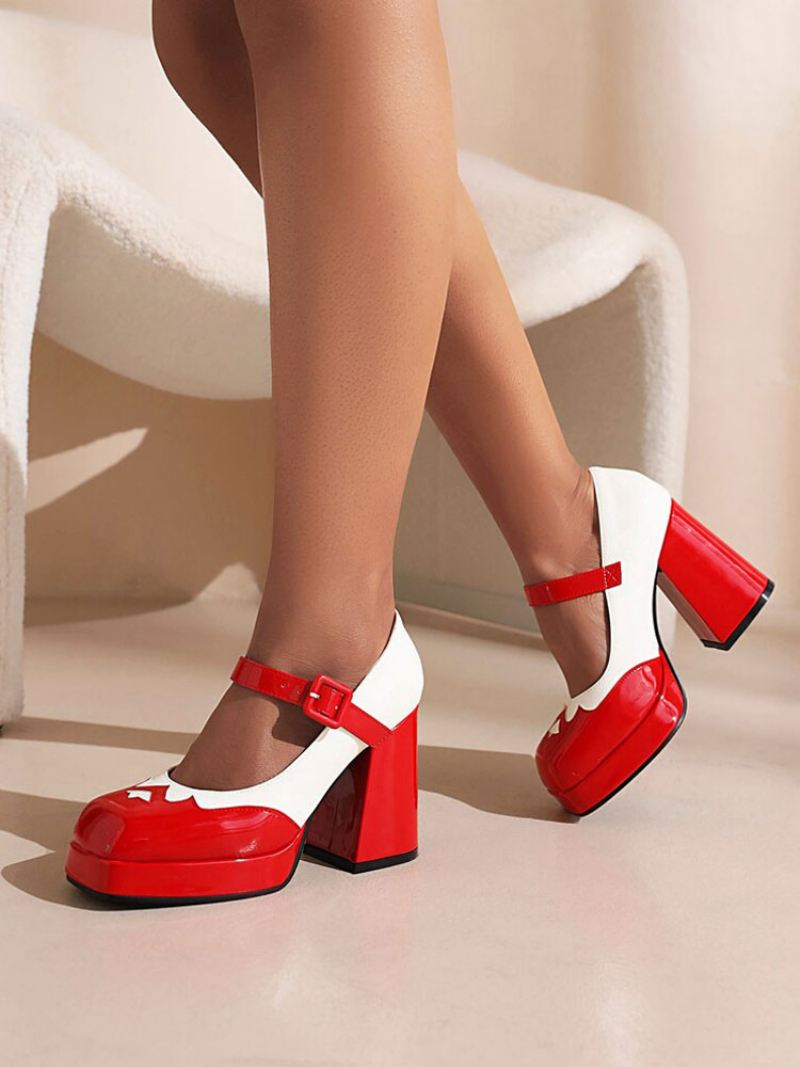 Tweekleurige Mary Jane-pumps Met Dikke Hak Dames - Rood