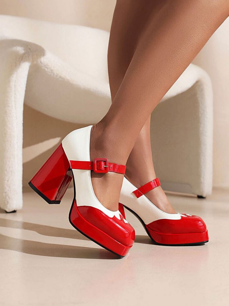 Tweekleurige Mary Jane-pumps Met Dikke Hak Dames - Rood