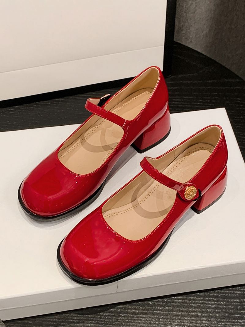 Vintage Damesschoenen Zwart Lakleer Ronde Neus - Rood