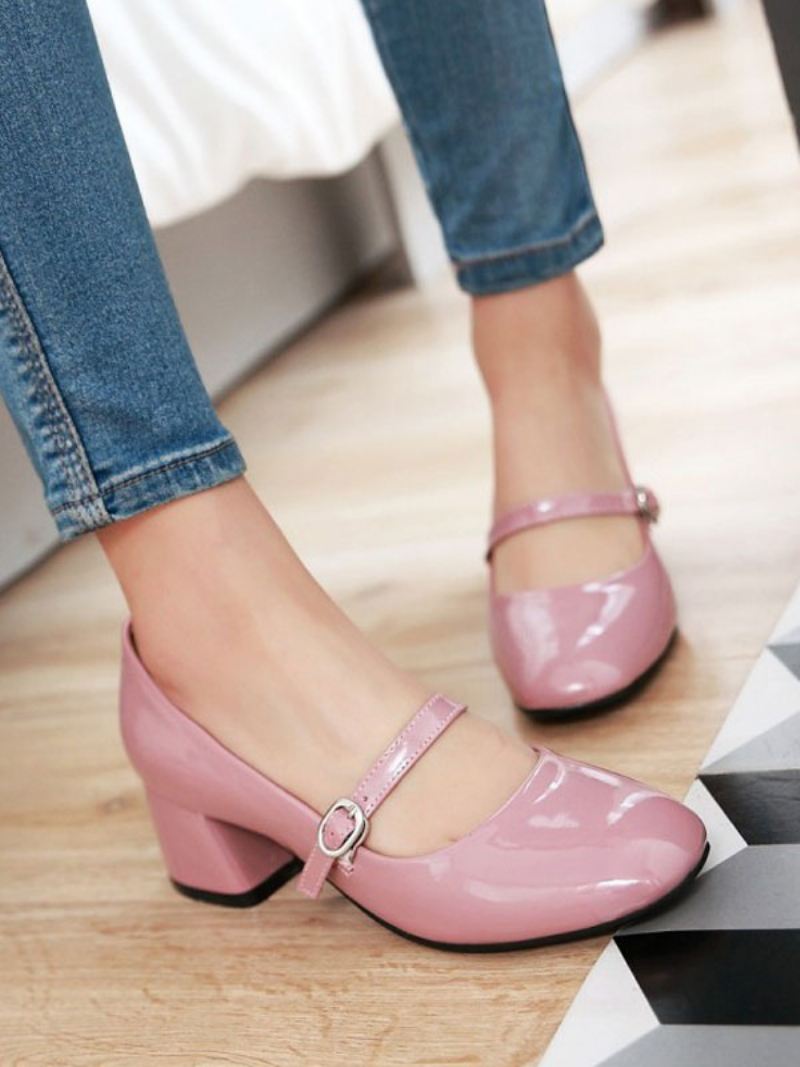 Vrouwen Rode Mid Lage Hakken Ronde Neus Pu Leer Mooie Pumps Schoenen Vintage - Roze