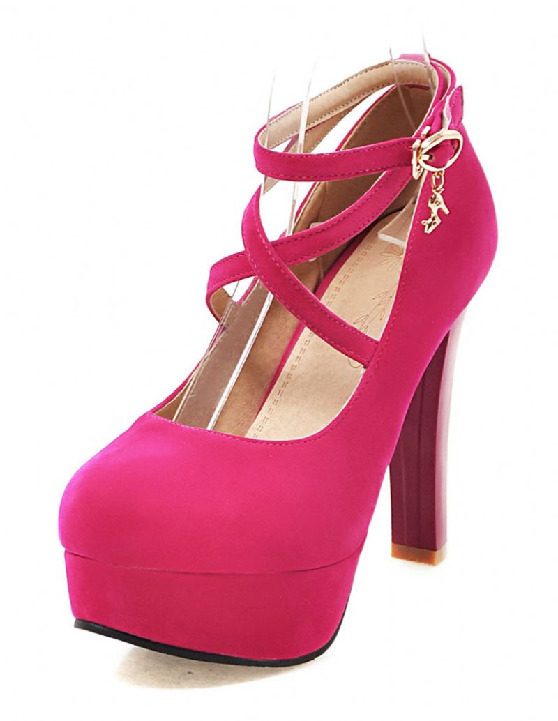 Vrouwen Suede Sexy Platform Schoenen Ronde Neus Kriskras Chunky Prom Heel Pumps - Rose