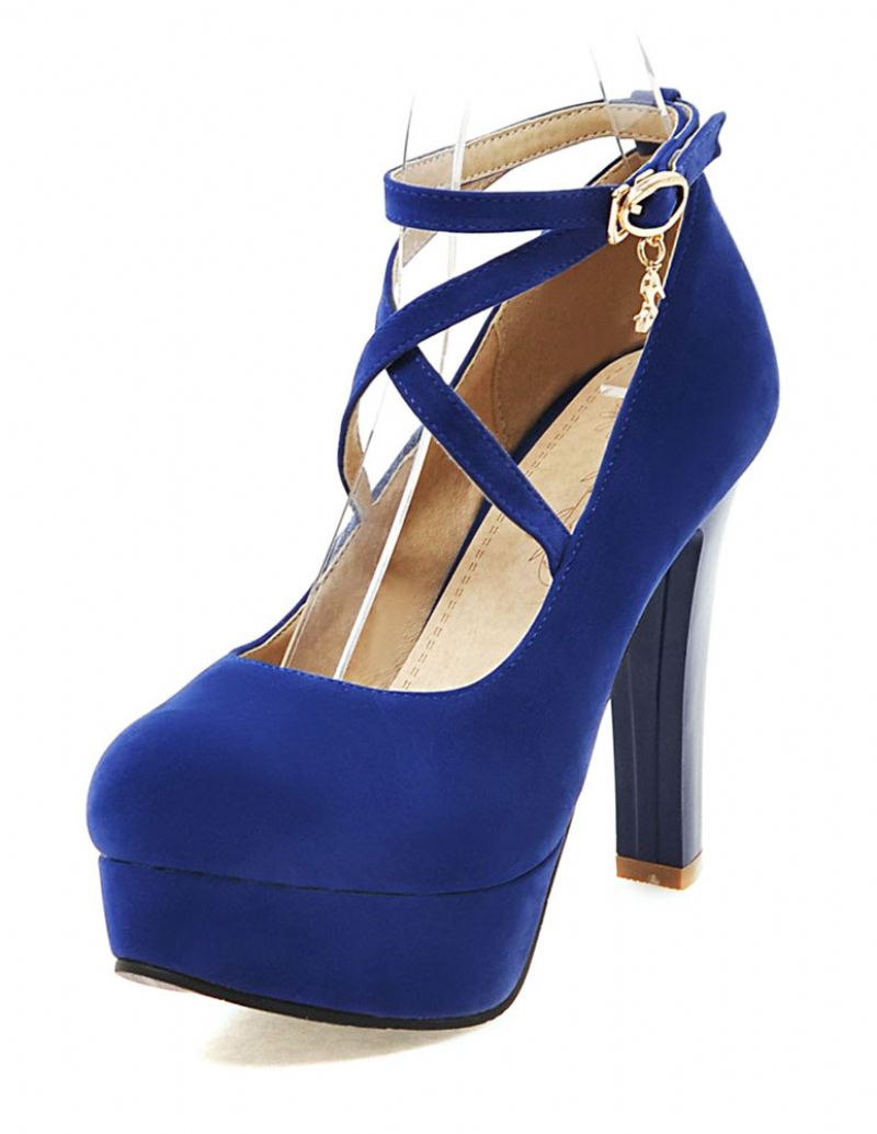 Vrouwen Suede Sexy Platform Schoenen Ronde Neus Kriskras Chunky Prom Heel Pumps - Blauw