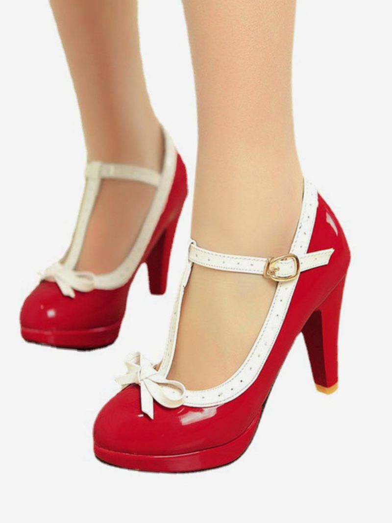 Vrouwen Zwarte Dikke Hak T-riem Bow Jaren 1950 Vintage Schoenen - Rood