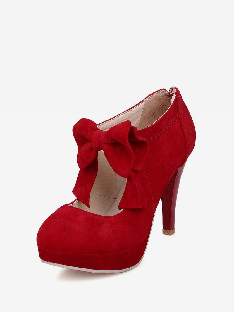 Vrouwen Zwarte Vintage Hakken Platform Ronde Neus Bowtie Mary Jane Pompen - Rood