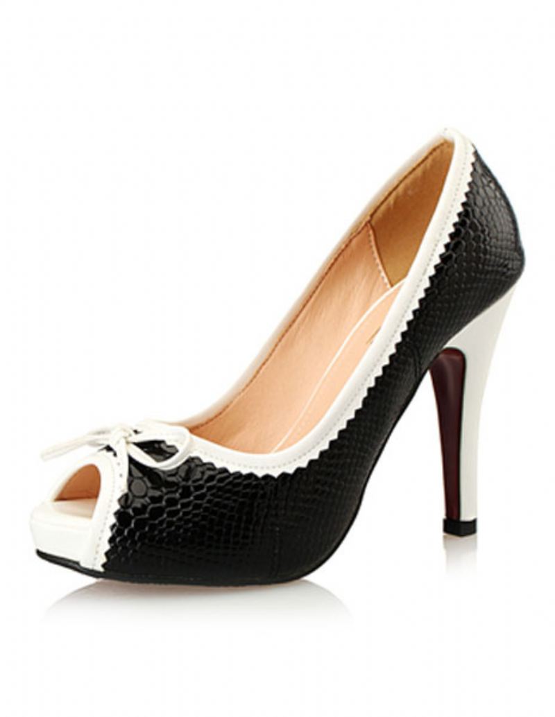 Witte Platform Peep Toe Hakken Naaldhakpumps Met Strik Dames - Zwart