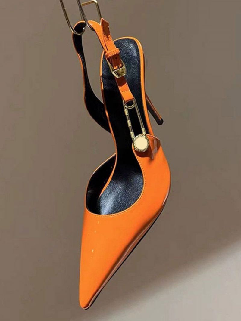 Zilverkleurige Pumps Met Hoge Hak Dames Slingback Puntige Neus Kettingdetail - Oranje