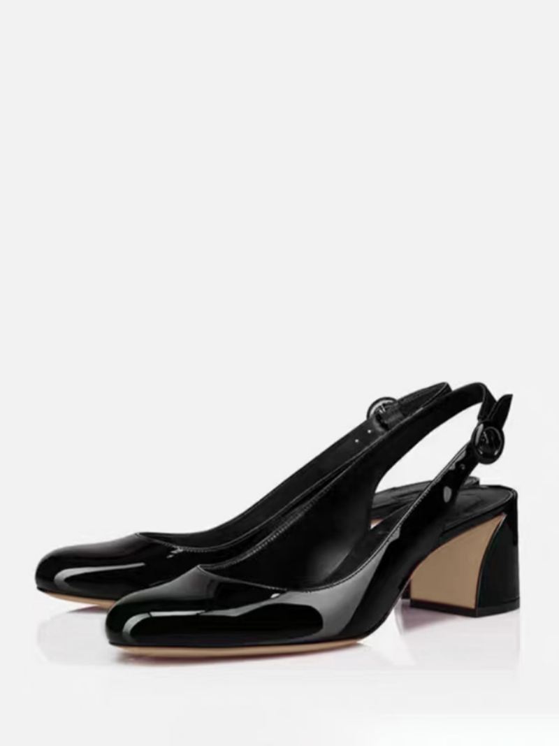 Zwarte Blokhakpompen Dames Slingback-pompen Met Vierkante Neus