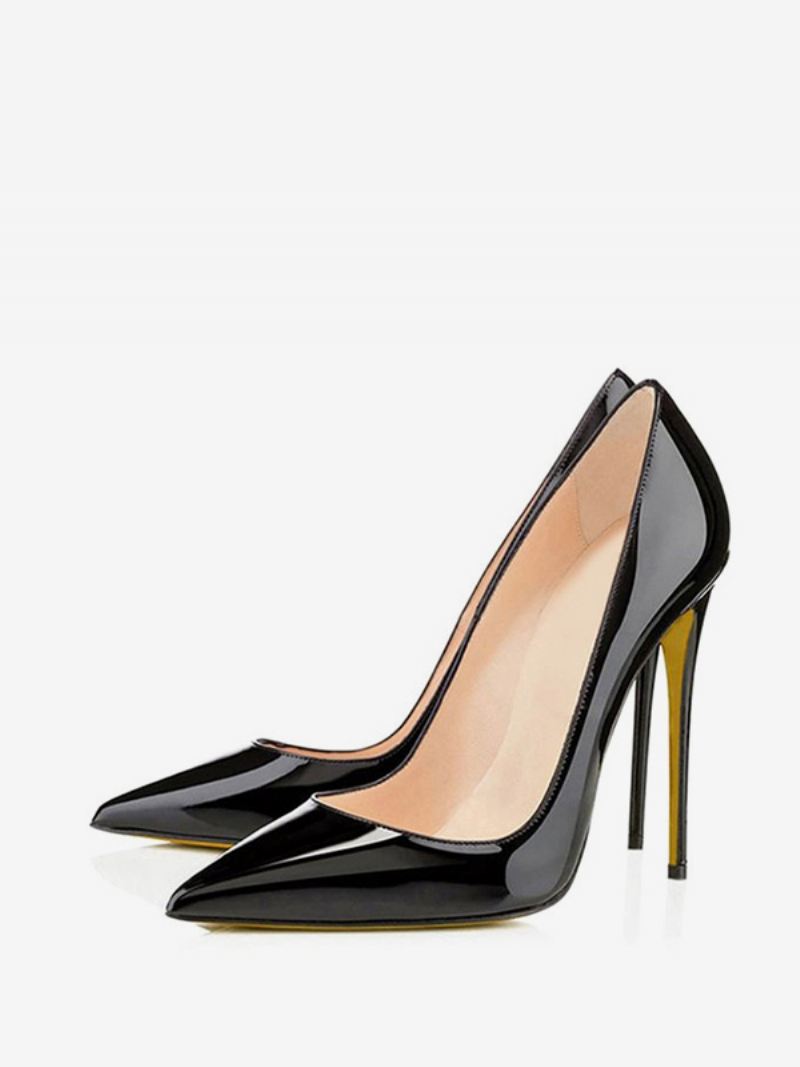 Zwarte Damesschoenen Met Hoge Hakken Puntige Neus Lakleren Stiletto's Pumps