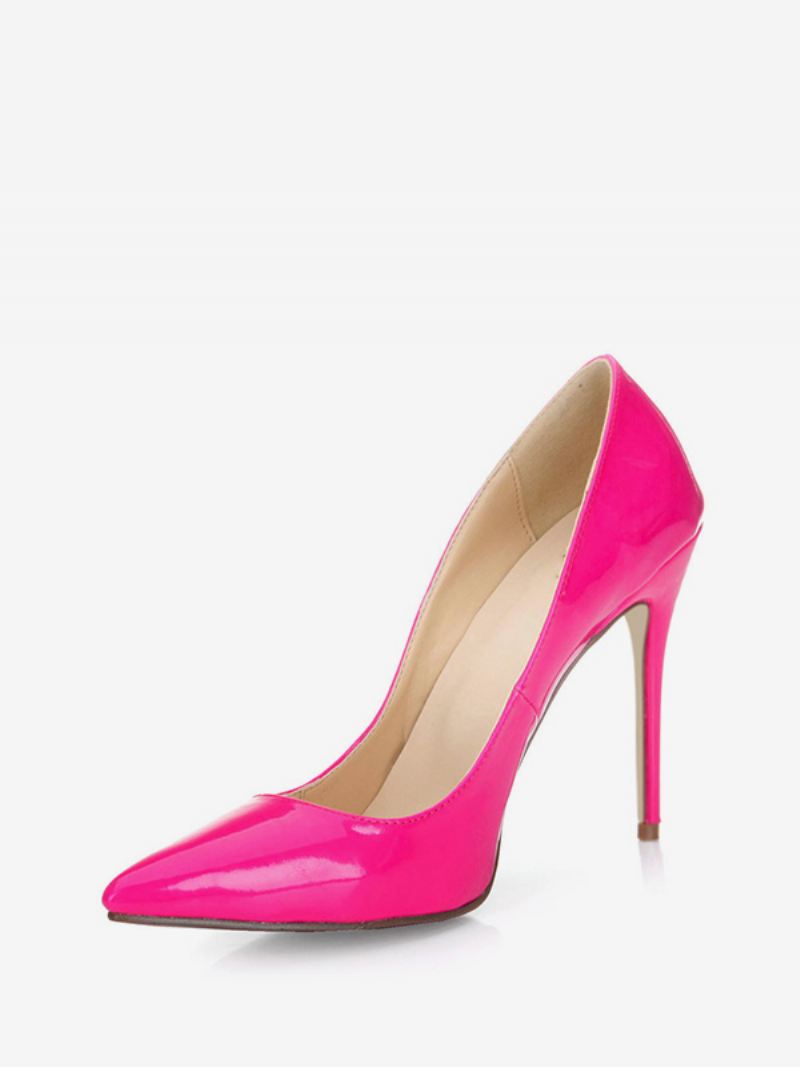 Zwarte Damesschoenen Met Hoge Hakken Puntige Neus Lakleren Stiletto's Pumps - Fuchsia