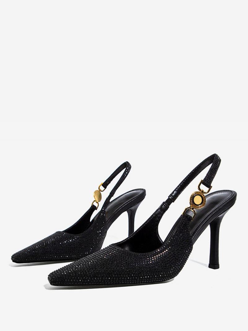 Zwarte Hakken Dames Strass Naaldhak Slingback Pumps Feestschoenen