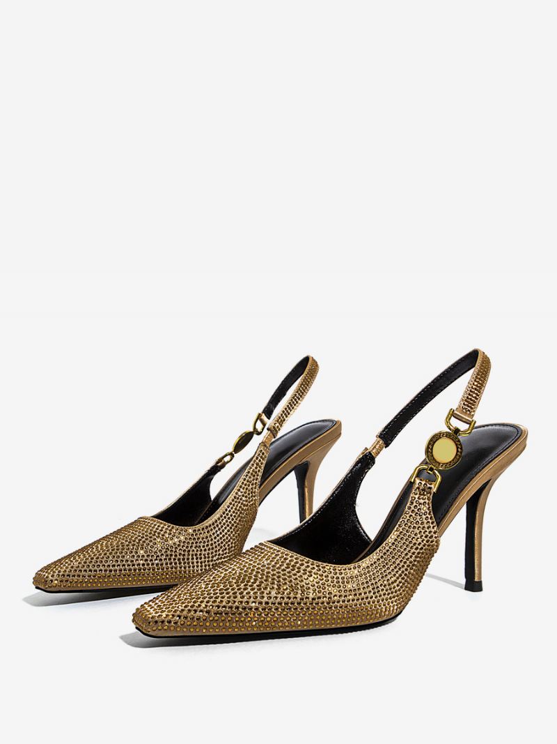 Zwarte Hakken Dames Strass Naaldhak Slingback Pumps Feestschoenen - Goud