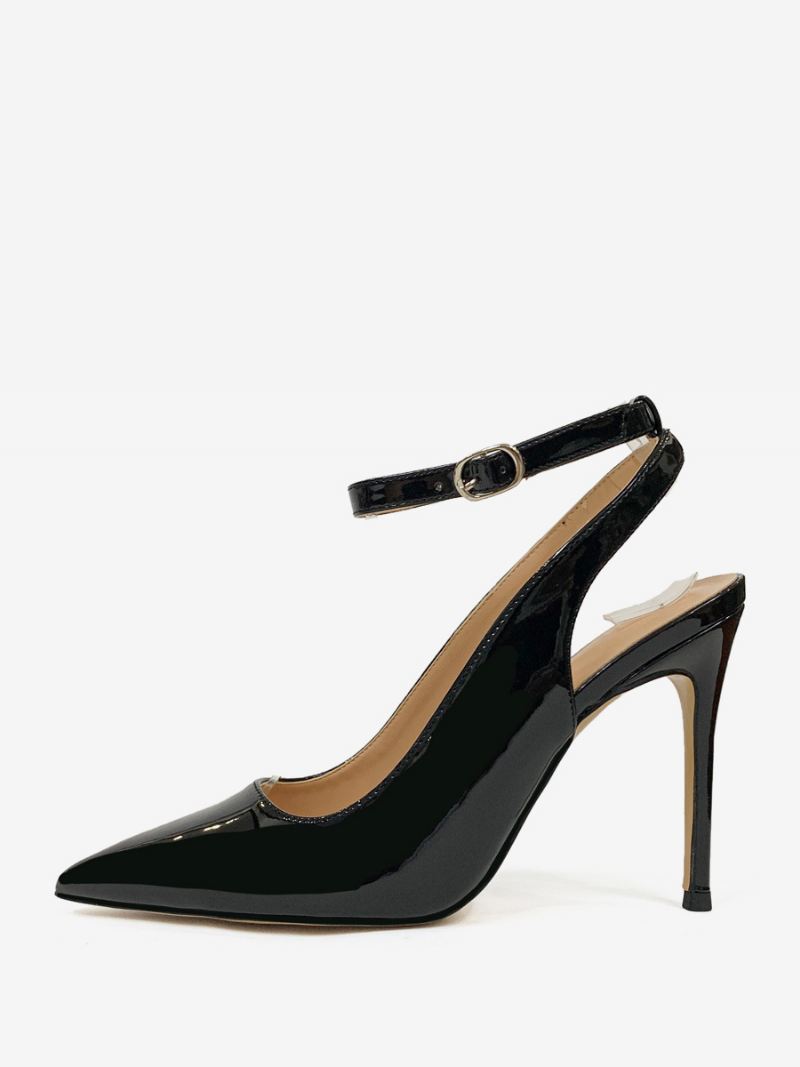 Zwarte Hoge Hakken Dames Puntige Neus Naaldhak Enkelbandje Slingback Pumps