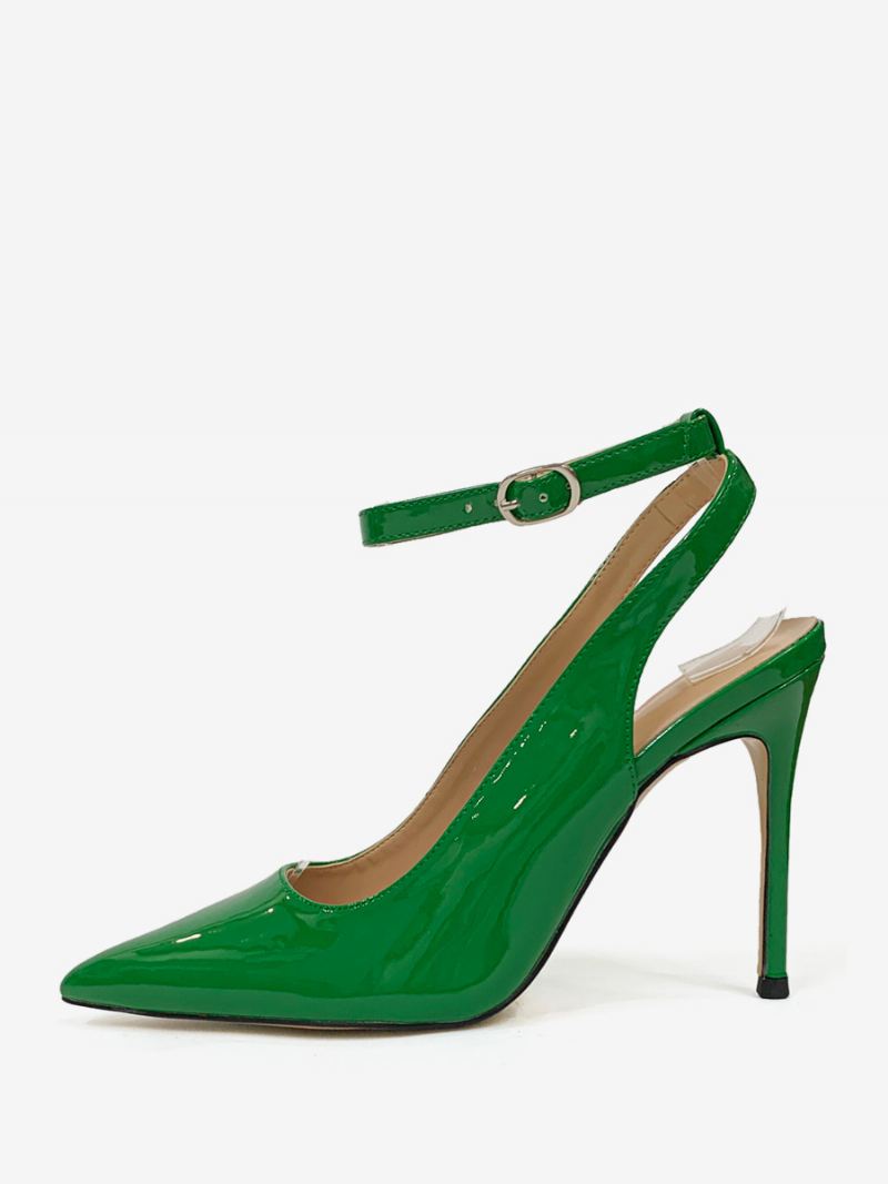 Zwarte Hoge Hakken Dames Puntige Neus Naaldhak Enkelbandje Slingback Pumps - Groen