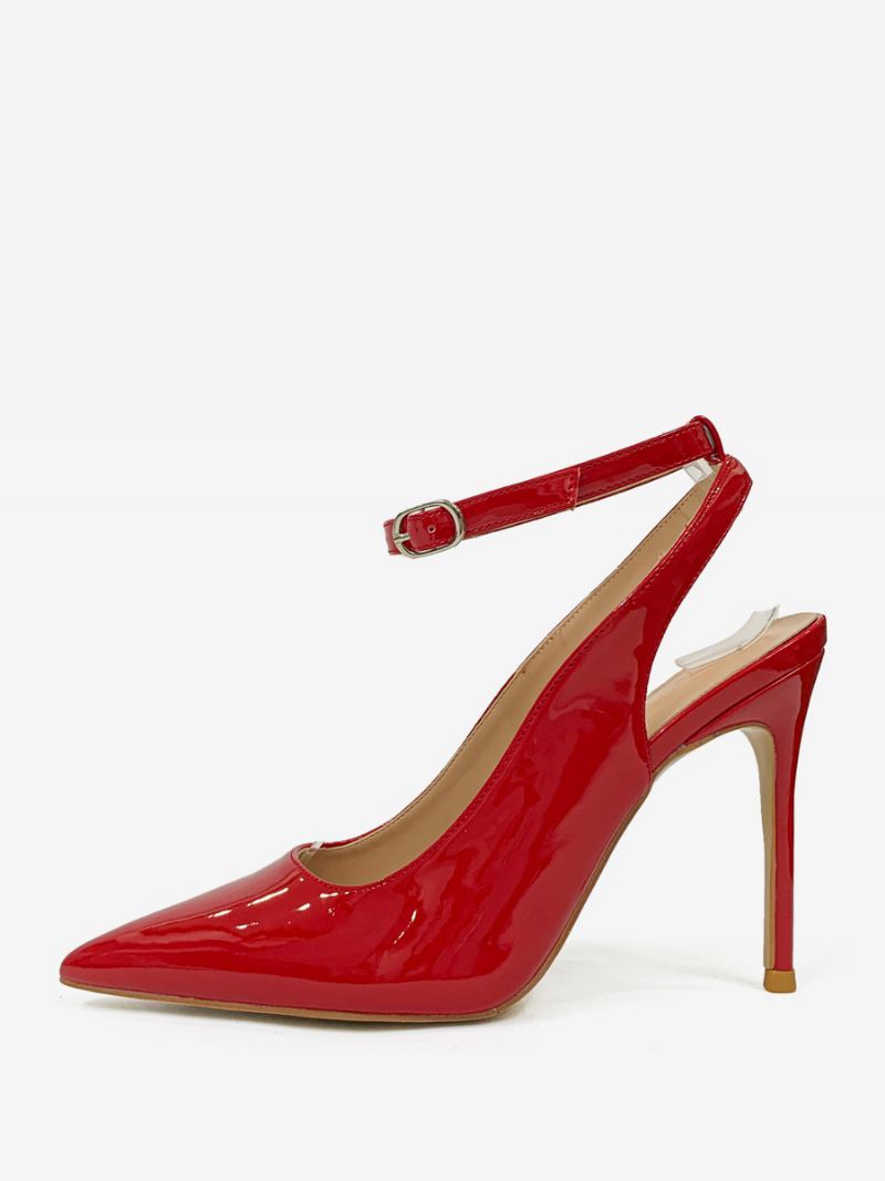 Zwarte Hoge Hakken Dames Puntige Neus Naaldhak Enkelbandje Slingback Pumps - Rood