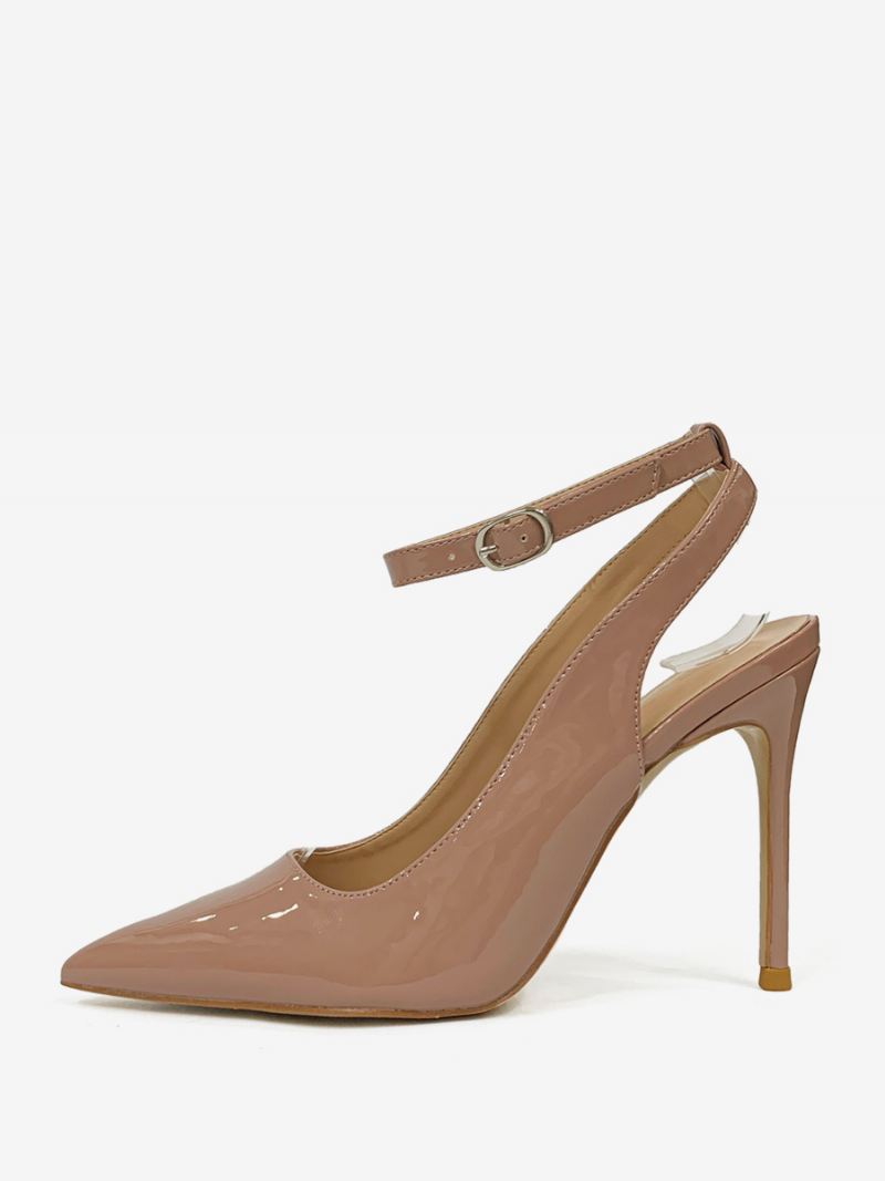 Zwarte Hoge Hakken Dames Puntige Neus Naaldhak Enkelbandje Slingback Pumps - Camel