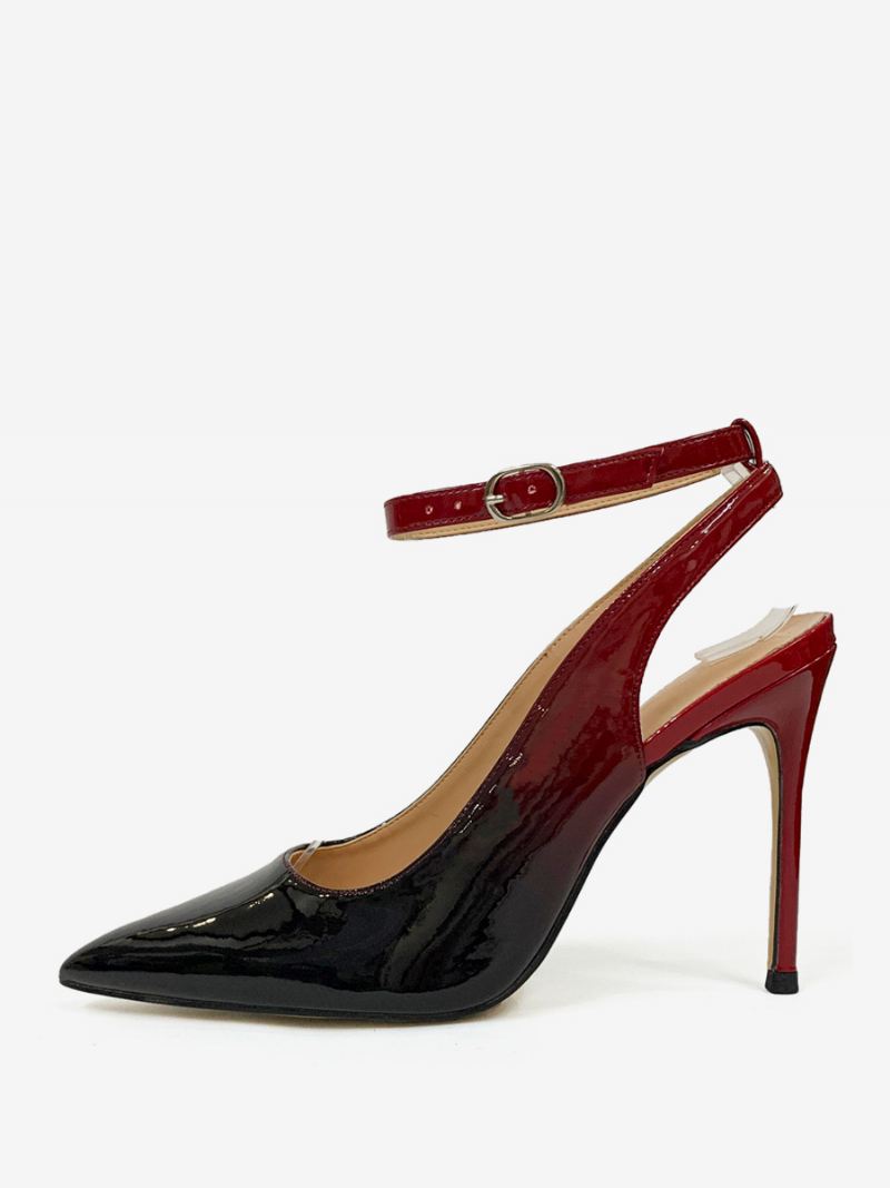 Zwarte Hoge Hakken Dames Puntige Neus Naaldhak Enkelbandje Slingback Pumps - Zwart+Rood