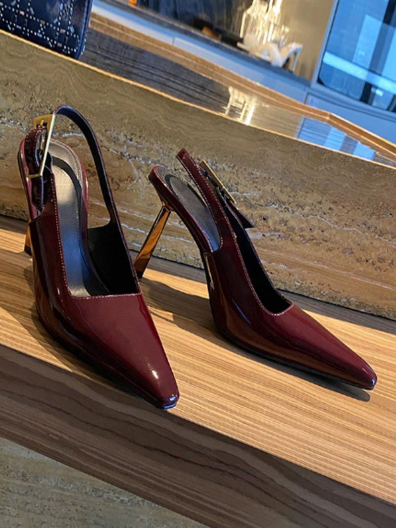 Zwarte Hoge Hakken Dames Slingback Met Puntige Neus - Bordeauxrood