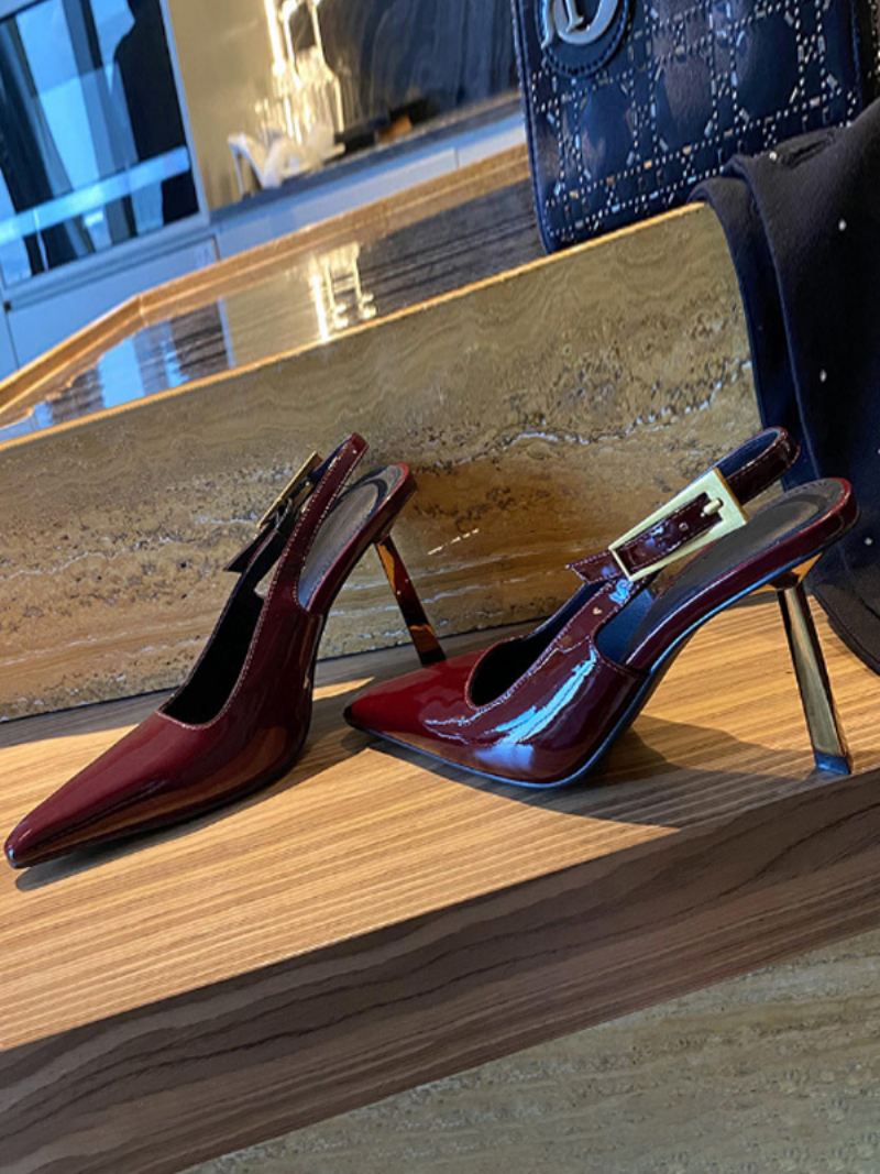 Zwarte Hoge Hakken Dames Slingback Met Puntige Neus - Bordeauxrood