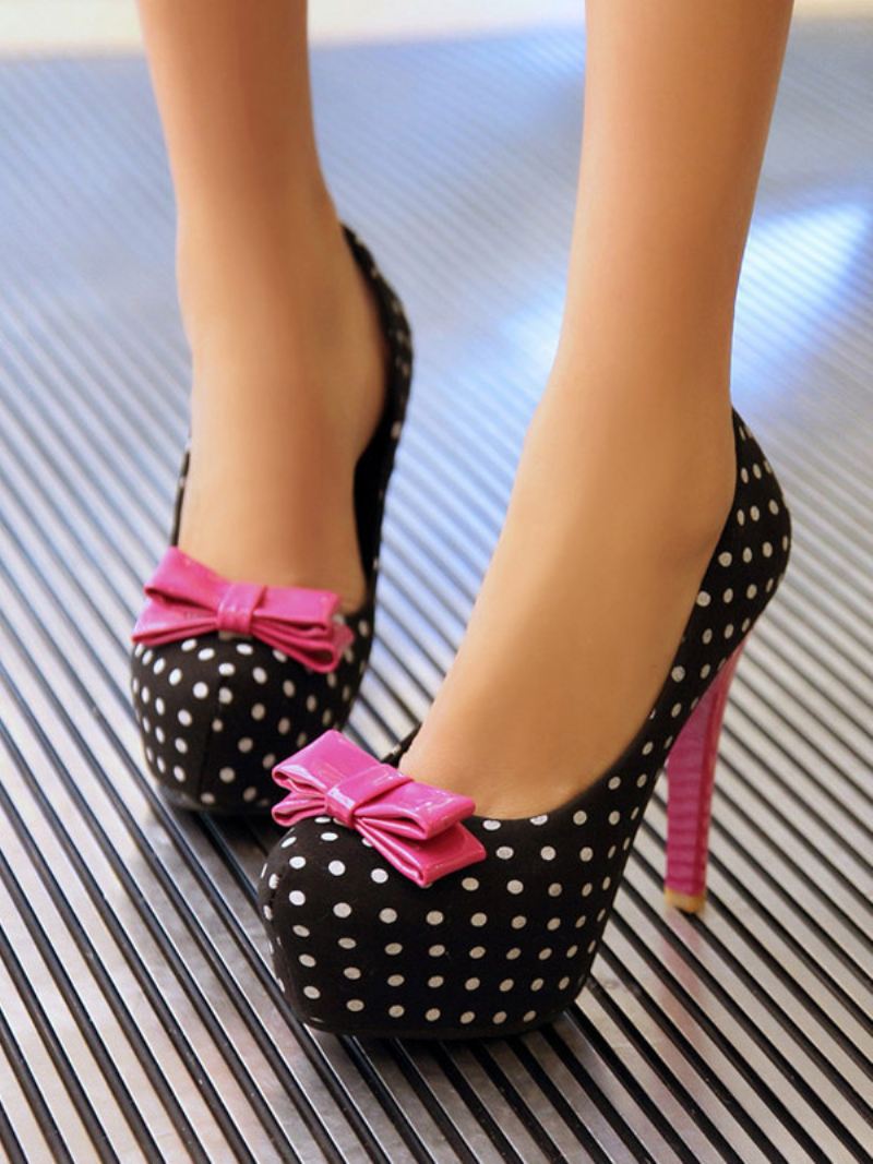 Zwarte Platorm Polka Dot Bow-vintage Damesschoenen Met Hoge Hak