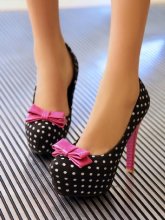 Zwarte Platorm Polka Dot Bow-vintage Damesschoenen Met Hoge Hak