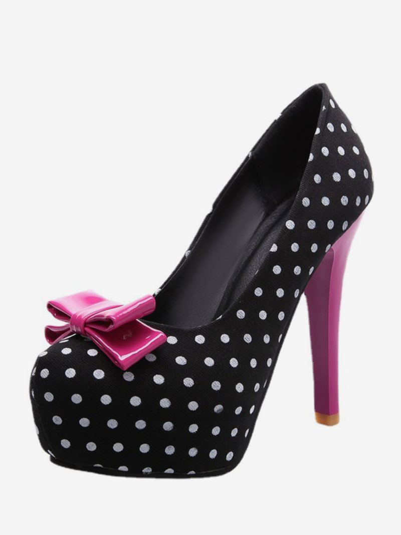 Zwarte Platorm Polka Dot Bow-vintage Damesschoenen Met Hoge Hak - Roos