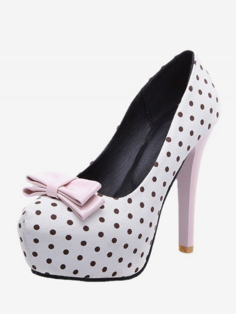 Zwarte Platorm Polka Dot Bow-vintage Damesschoenen Met Hoge Hak - Wit