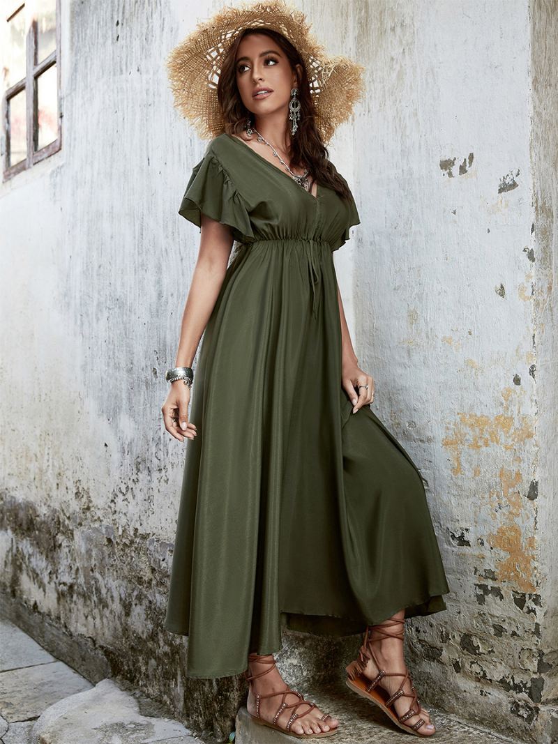 Dames Boho-jurk V-hals Fladdermouwen Taille Trekkoord Casual Zomer Maxi-jurken - Jagersgroen