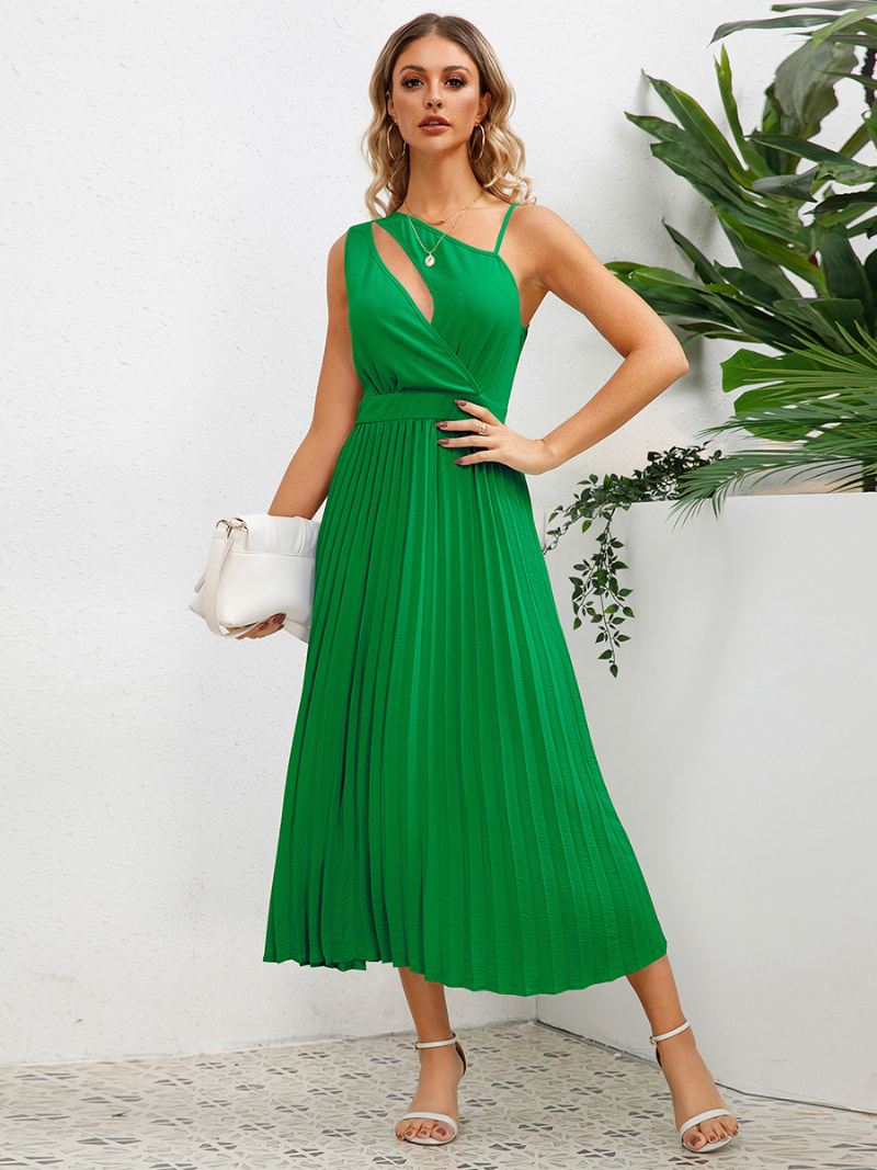 Dames Casual Jurk Uitsnijding Asymmetrische Schouder Ruches Zomer Midi-jurken - Groen