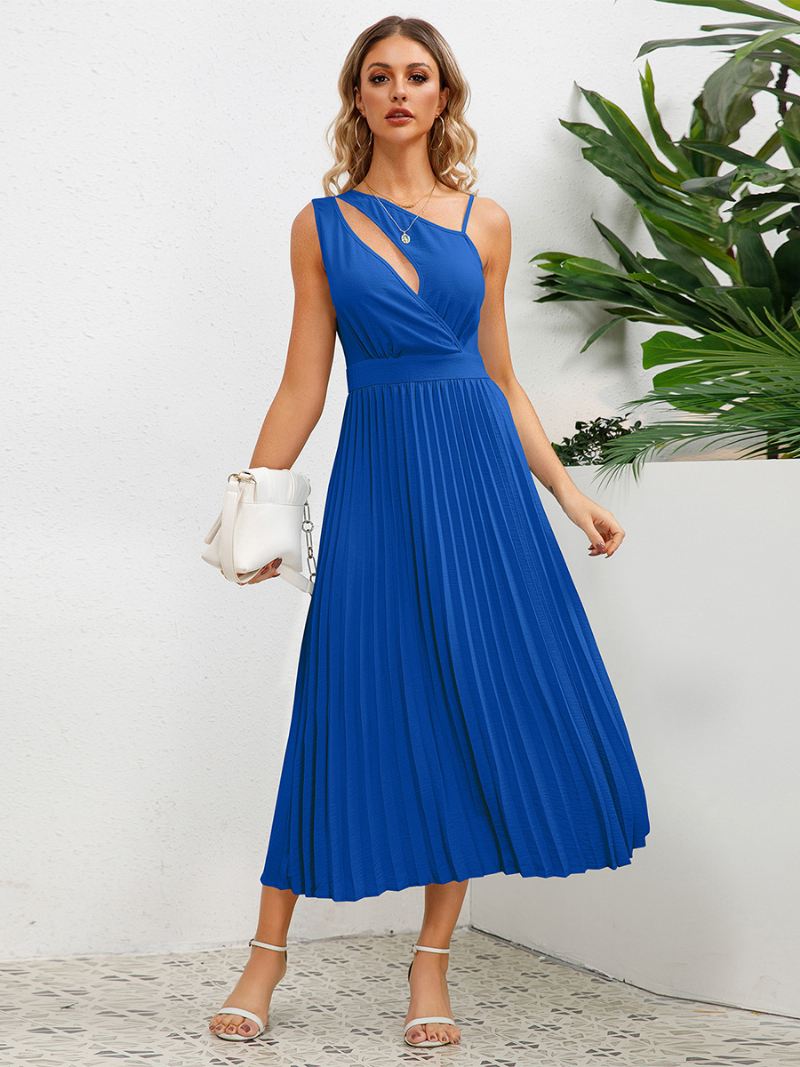 Dames Casual Jurk Uitsnijding Asymmetrische Schouder Ruches Zomer Midi-jurken - Blauw