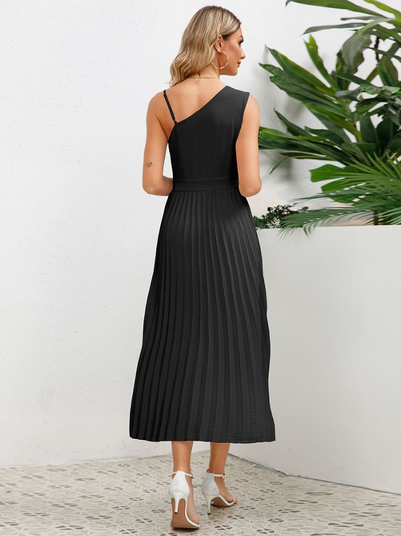 Dames Casual Jurk Uitsnijding Asymmetrische Schouder Ruches Zomer Midi-jurken - Zwart