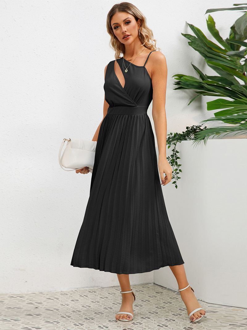 Dames Casual Jurk Uitsnijding Asymmetrische Schouder Ruches Zomer Midi-jurken - Zwart