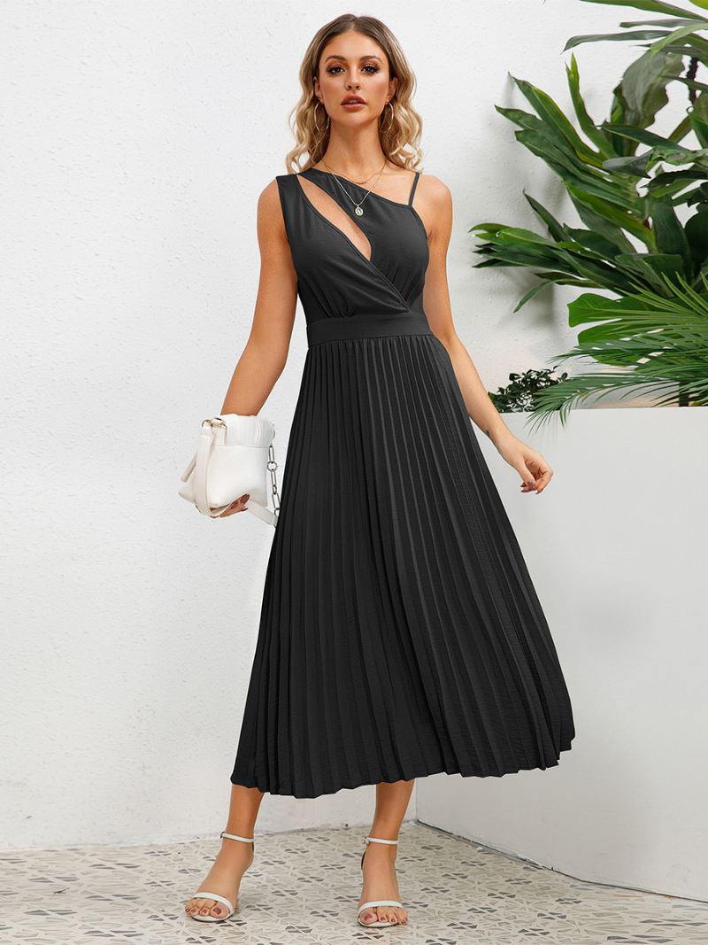 Dames Casual Jurk Uitsnijding Asymmetrische Schouder Ruches Zomer Midi-jurken - Zwart