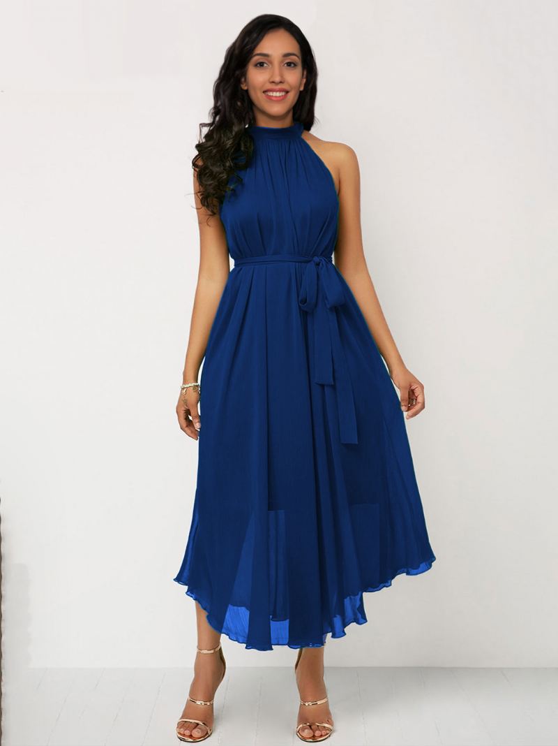 Dames Onregelmatige Jurk Halter Mouwloos Gala Midi-jurk Met Riem Effen Kleur - Blauw