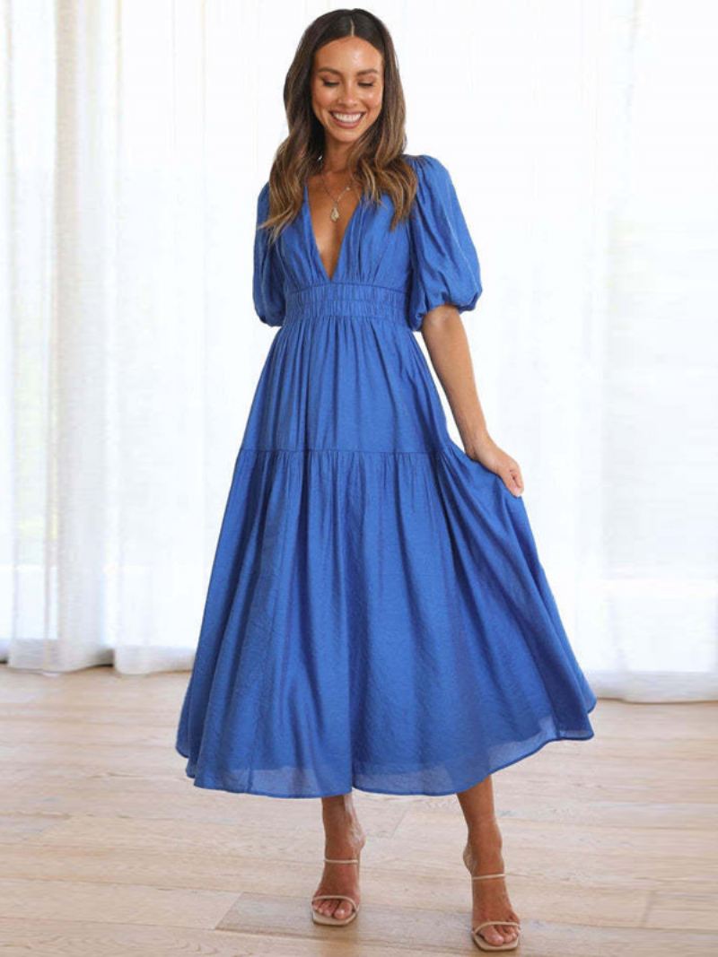 Dames Zomerjurk Met V-hals Korte Mouwen Elastische Taille A-lijn Maxi-jurken - Blauw