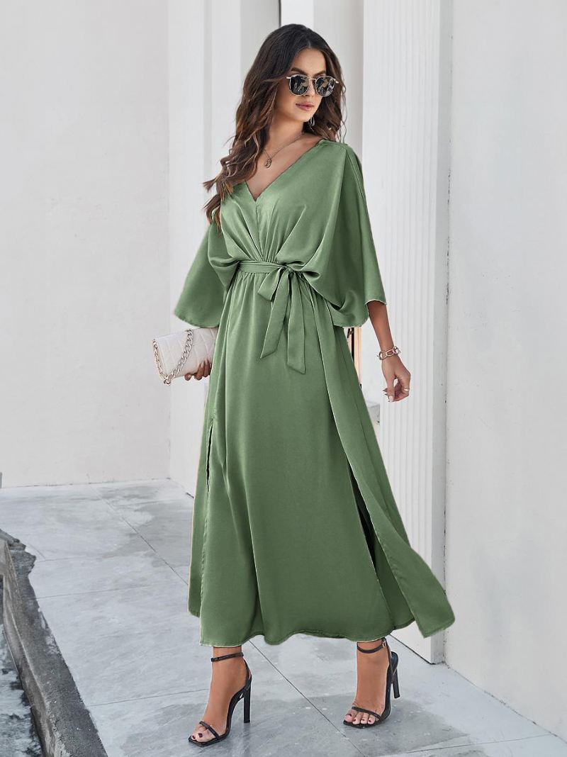 Feestjurk Dames Elegante Maxi-jurken Met V-rug Driekwart Split Riem - Groen