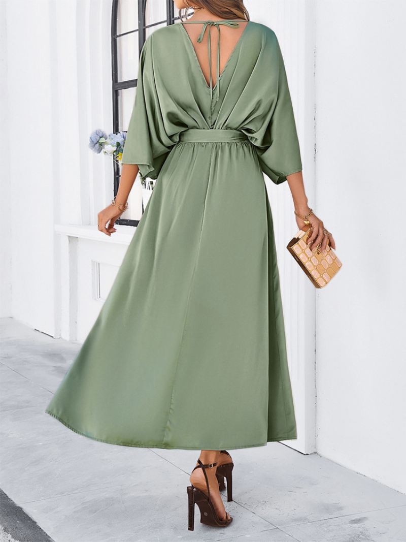 Feestjurk Dames Elegante Maxi-jurken Met V-rug Driekwart Split Riem - Groen