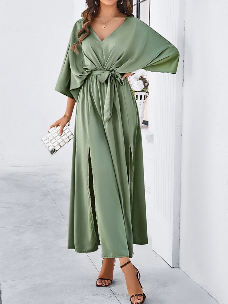 Feestjurk Dames Elegante Maxi-jurken Met V-rug Driekwart Split Riem - Groen