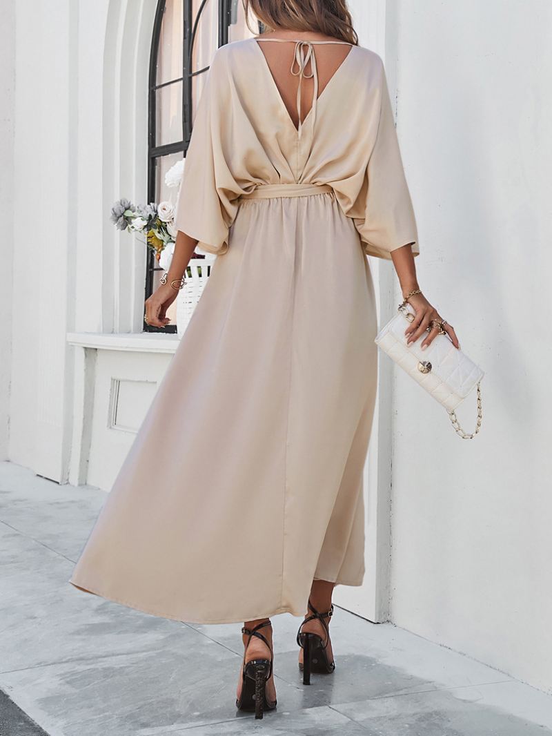 Feestjurk Dames Elegante Maxi-jurken Met V-rug Driekwart Split Riem - Champagne