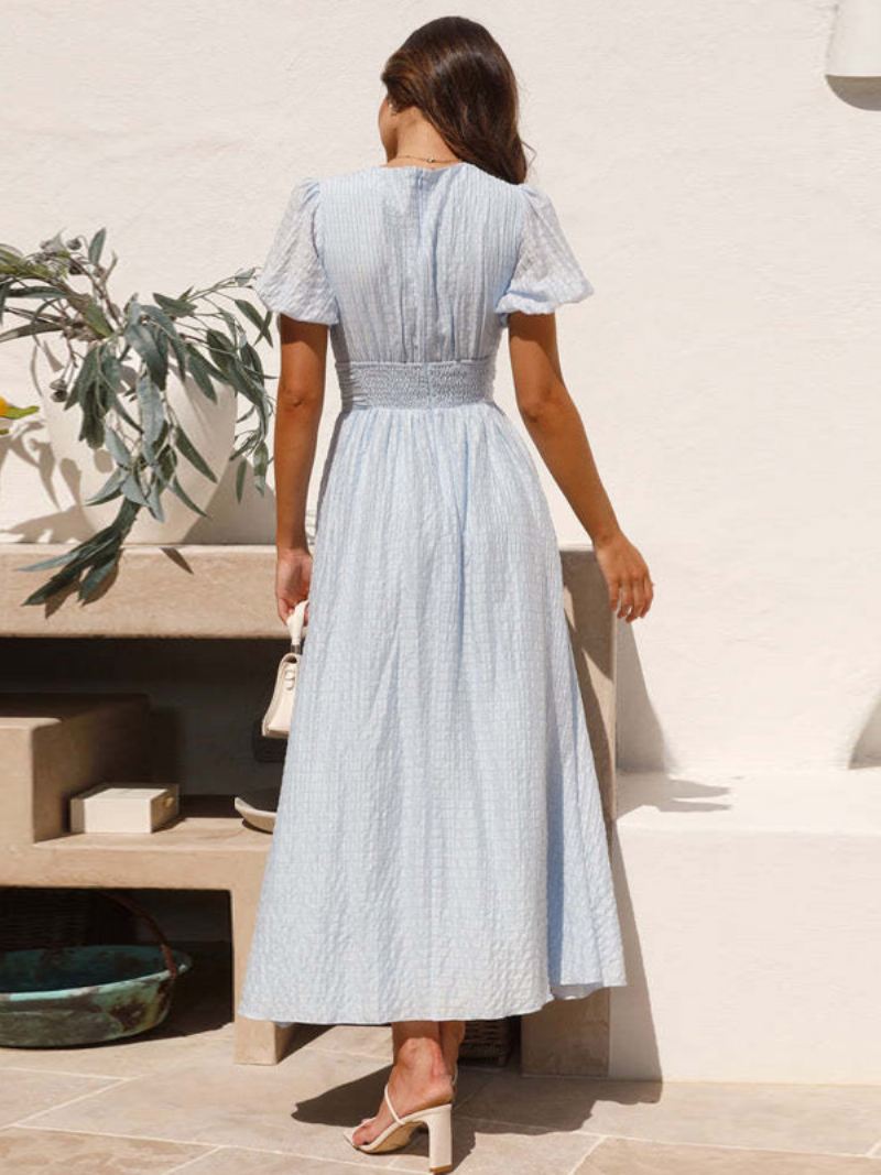 Lichte Hemelsblauwe Zomerjurk Dames Duik-pofmouwen Casual Zomer Maxi-jurk - Licht Hemelsblauw