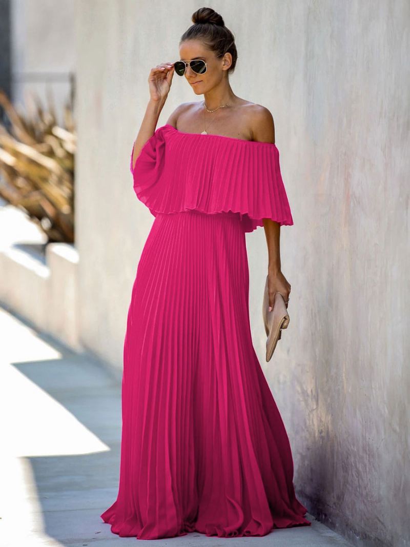 Maxi-jurken Dames Halve Mouwen Gele Geplooide Asymmetrische Vloerlengte Jurk Met Bateau-hals - Roze