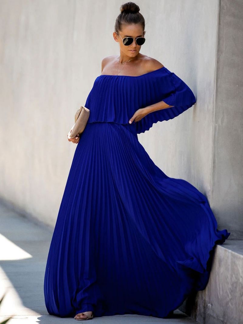 Maxi-jurken Dames Halve Mouwen Gele Geplooide Asymmetrische Vloerlengte Jurk Met Bateau-hals - Blauw