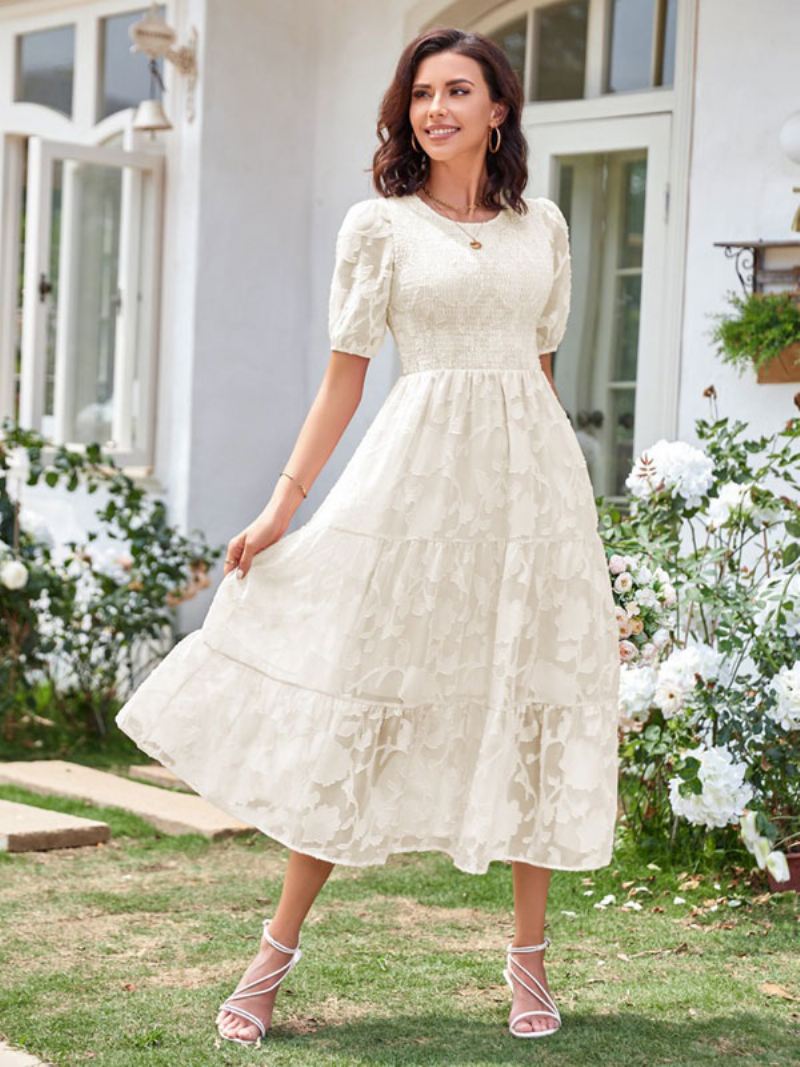 Zomer Midi-jurk Dames Ecru Witte Strandjurk Met Juweelhals Kant