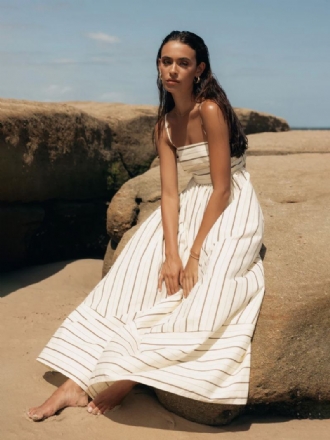 Zomerjurk Dames Bandjes Halsstrepen Uitgesneden Rugloze Abrikoos Lange Strandjurk