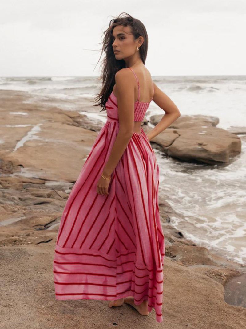 Zomerjurk Dames Bandjes Halsstrepen Uitgesneden Rugloze Abrikoos Lange Strandjurk - Rood