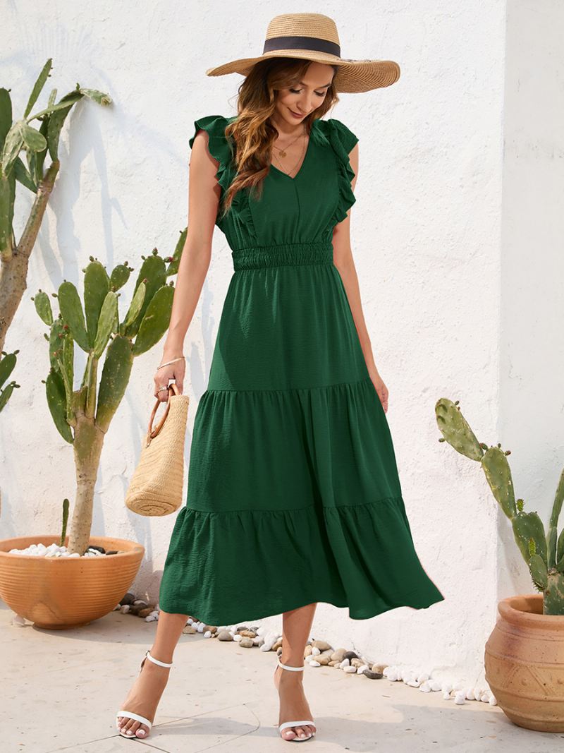 Zomerjurk Dames Gelaagde Ruches Mouwloos Elastische Taille Geplooide Casual Midi-jurken - Groen