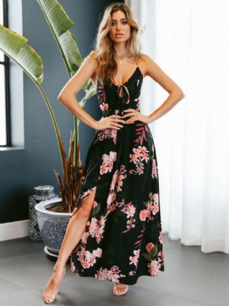 Bloemen Maxi Dames Theejurk Spaghettibandjes Lace Up Backless Split Zomerjurk Chiffon Slipdress