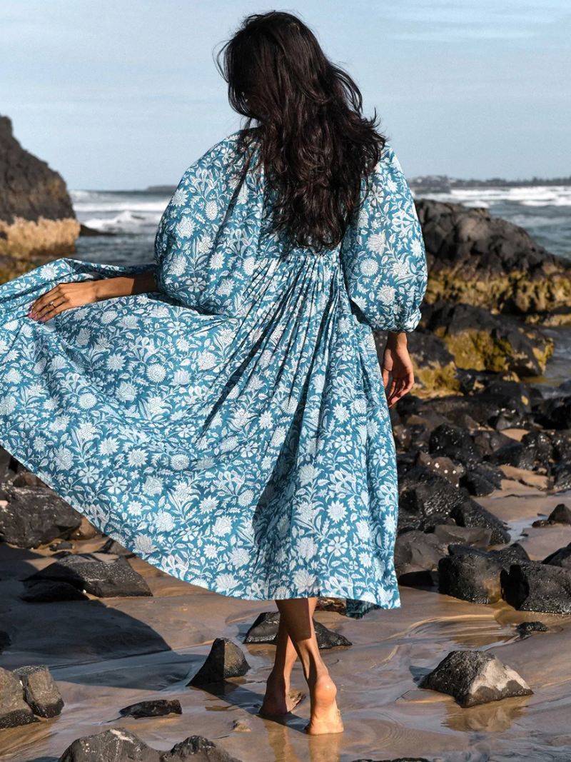 Boho-jurk Dames Halve Mouwen Bedrukt Oversized Geplooide Zomerjurk - Blauwblauw