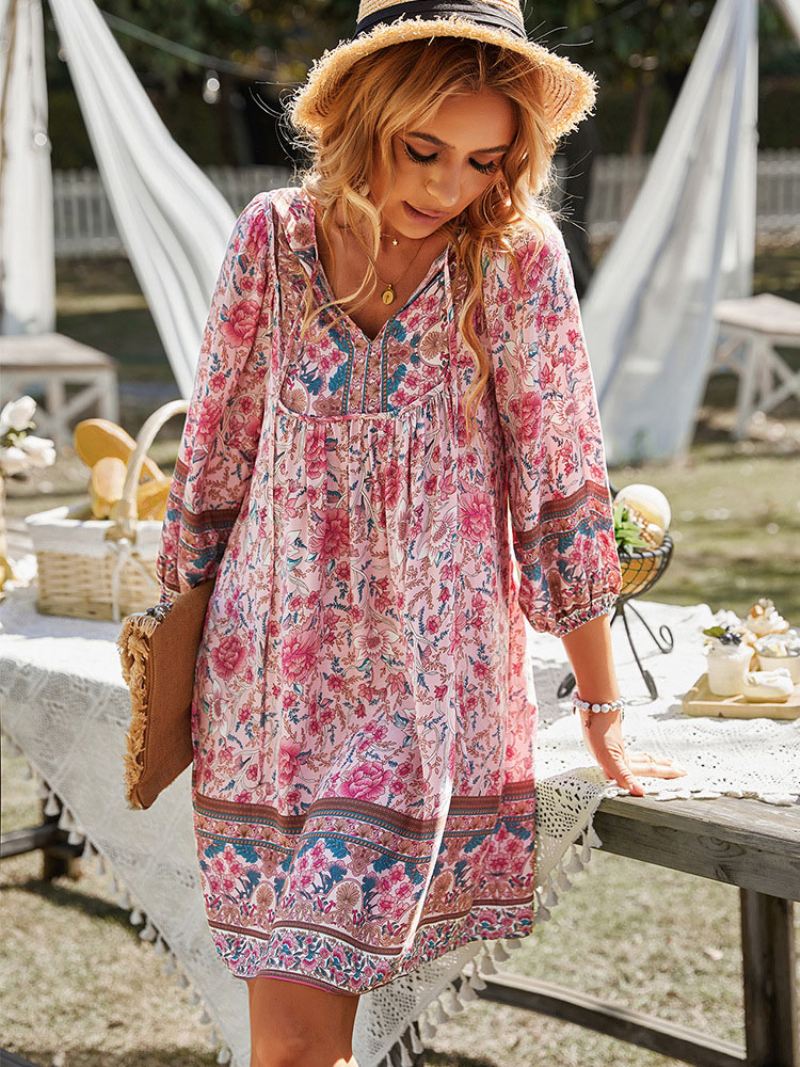 Boho-jurk Dames V-hals Lange Mouwen Bedrukte Zomerjurk