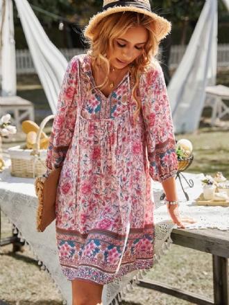 Boho-jurk Dames V-hals Lange Mouwen Bedrukte Zomerjurk