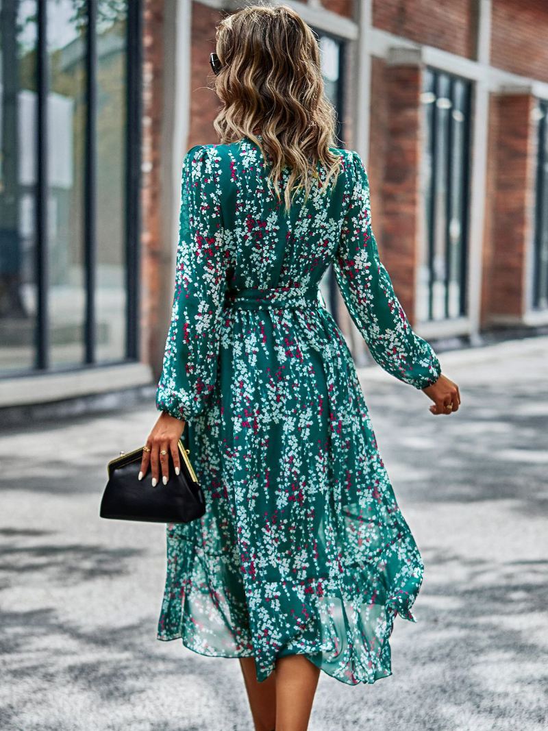 Boho-jurk Dames V-hals Lange Mouwen Bloemenprint Strandjurk Met Veters - Groen